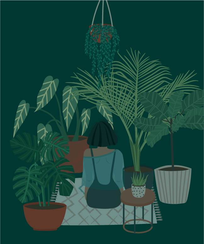 woman sitting among plants