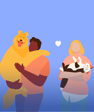 Art of people with pets on blue background