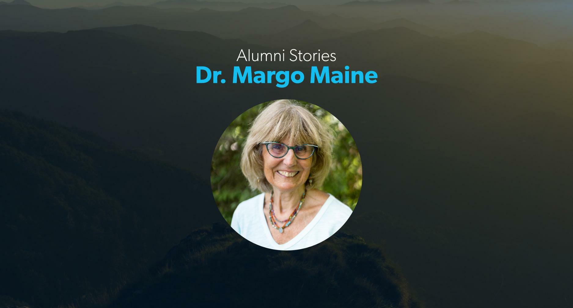 Dr. Margo Maine smiles in a profile photo inset on a banner image under text displaying her name.
