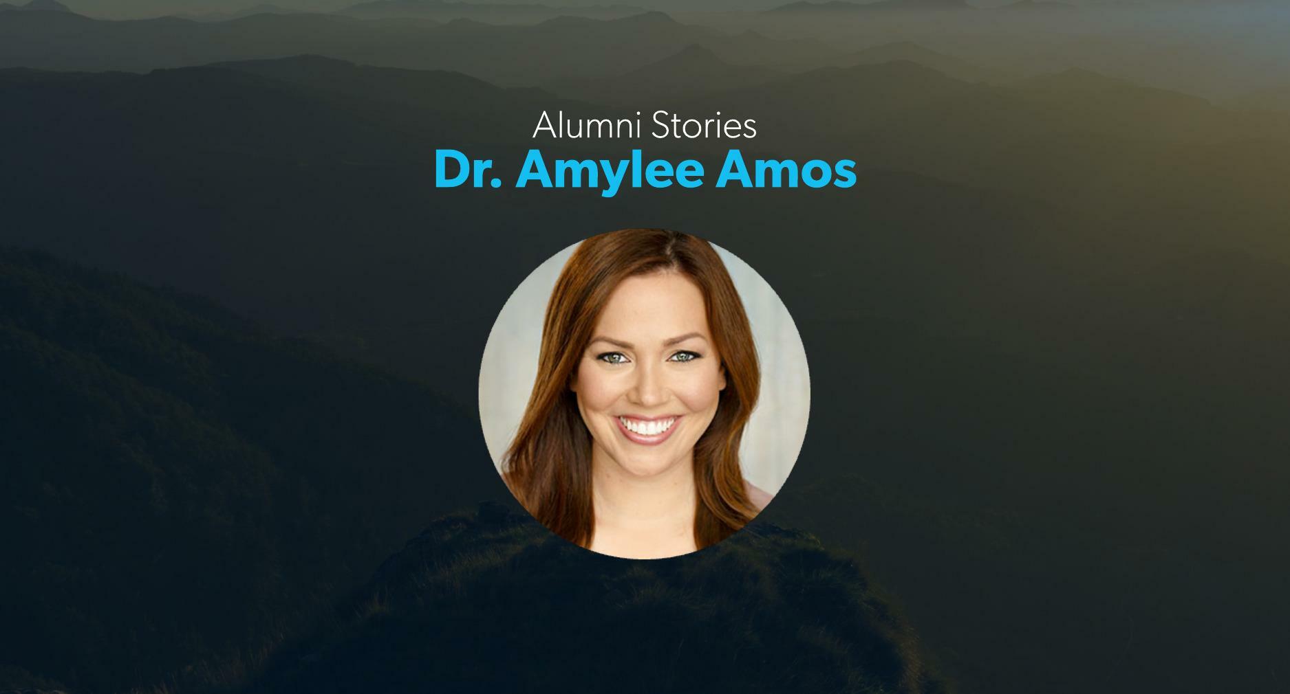 Dr. Amylee Amos smiles in a profile photo inset on a banner image under text displaying her name.