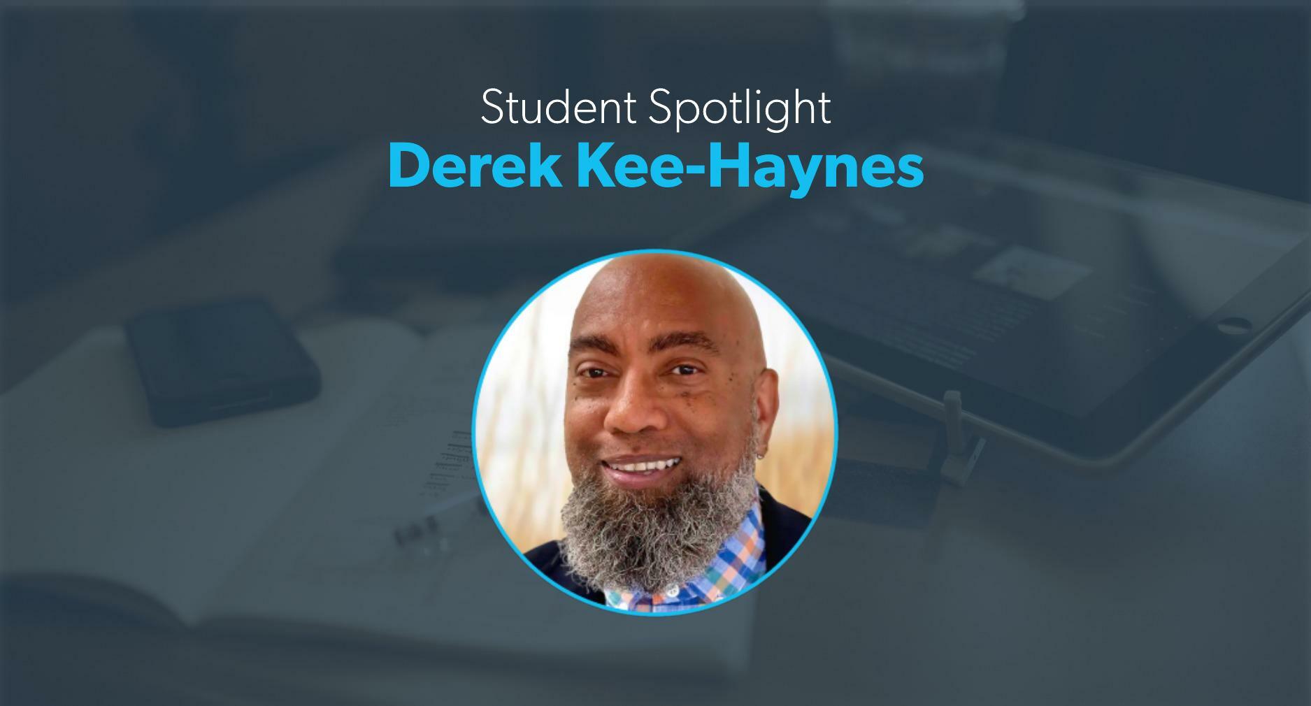 Derek Kee-Haynes smiles in a profile photo inset on a banner image under text displaying his name.